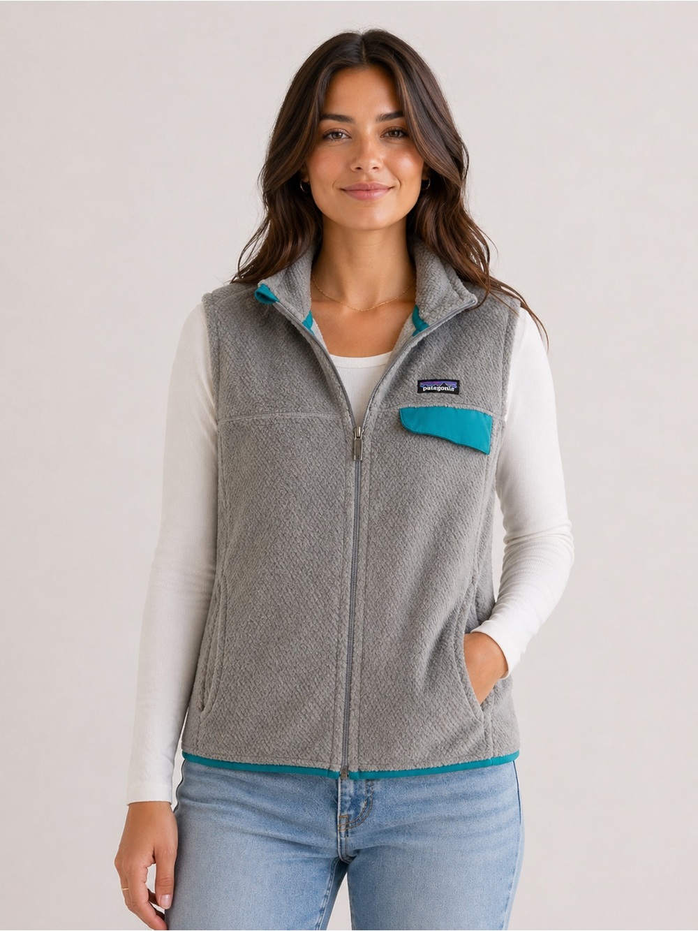 Patagonia Gray Fleece Vest with Teal Accents size XL